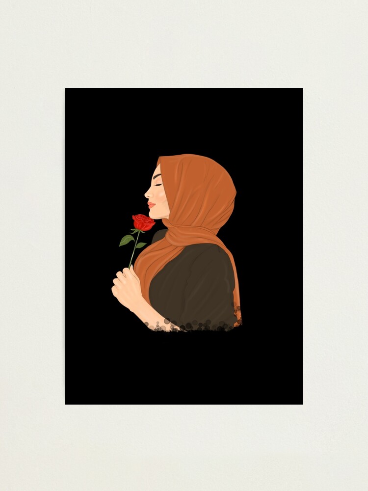 Hijab Muslimah Girl Holding Flower Quote Drawing Black Background Photographic Print By Imanitasong Redbubble