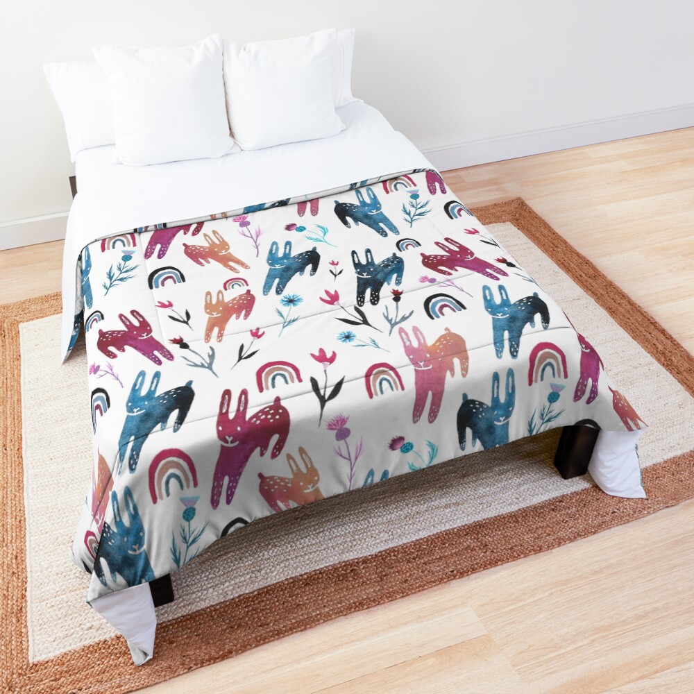 Rainbow Bunnies and florals Comforter