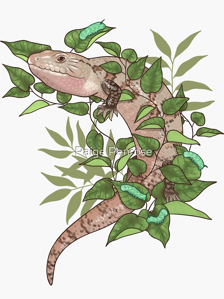Thumbnail 3 of 3, Sticker, Blue Tongue Skink with Vines and Hornworms designed and sold by starrypaige.