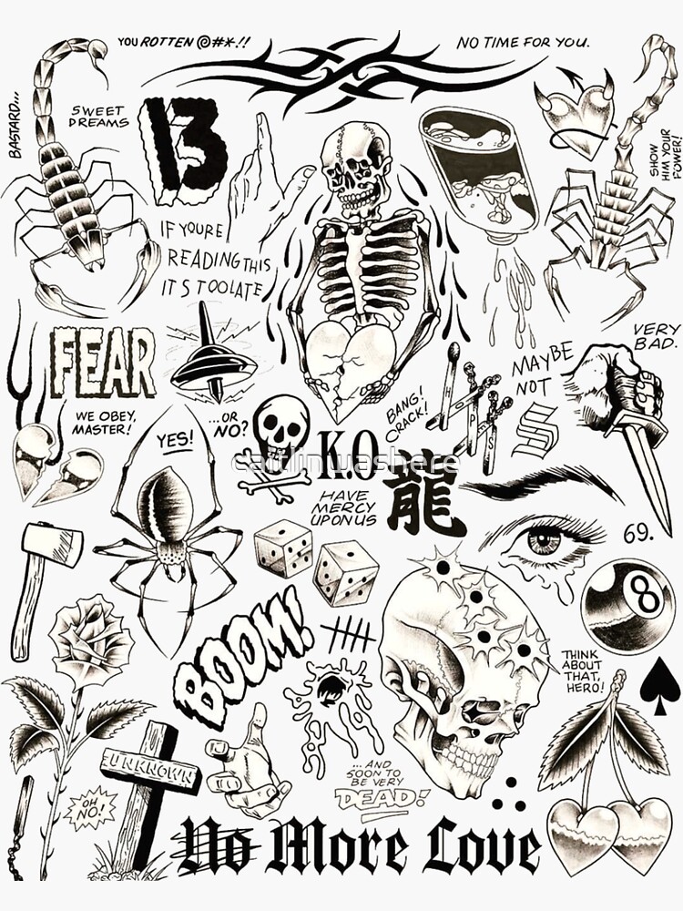 Grunge stickers  Tattoo flash sheet, Black and white stickers