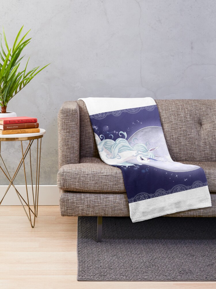 Thumbnail 2 of 6, Throw Blanket, Full moon unicorn designed and sold by LizabelaArt.