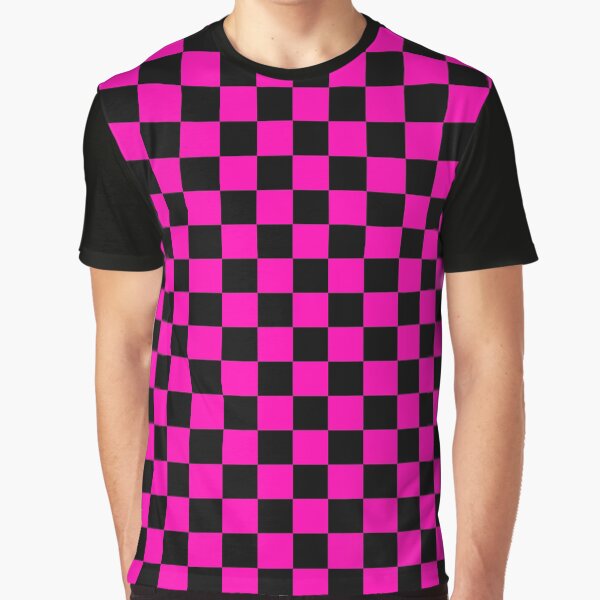 Large Hot Neon Pink and Black Racing Car Check Graphic T-Shirt