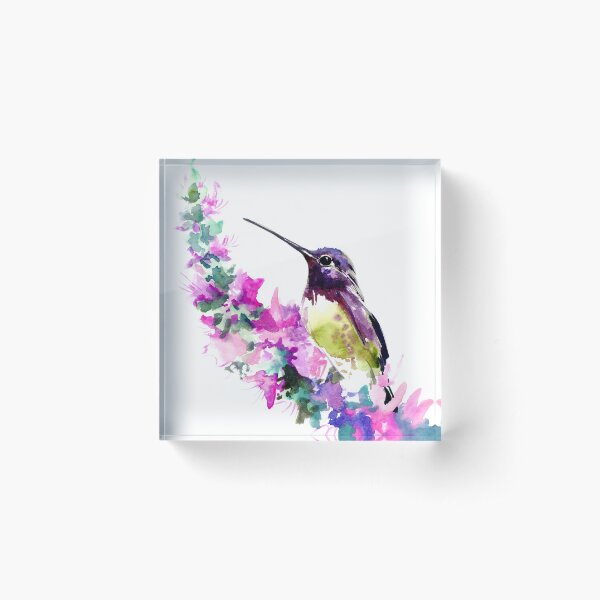 Hummingbird and Pink purple Flowers Acrylic Block