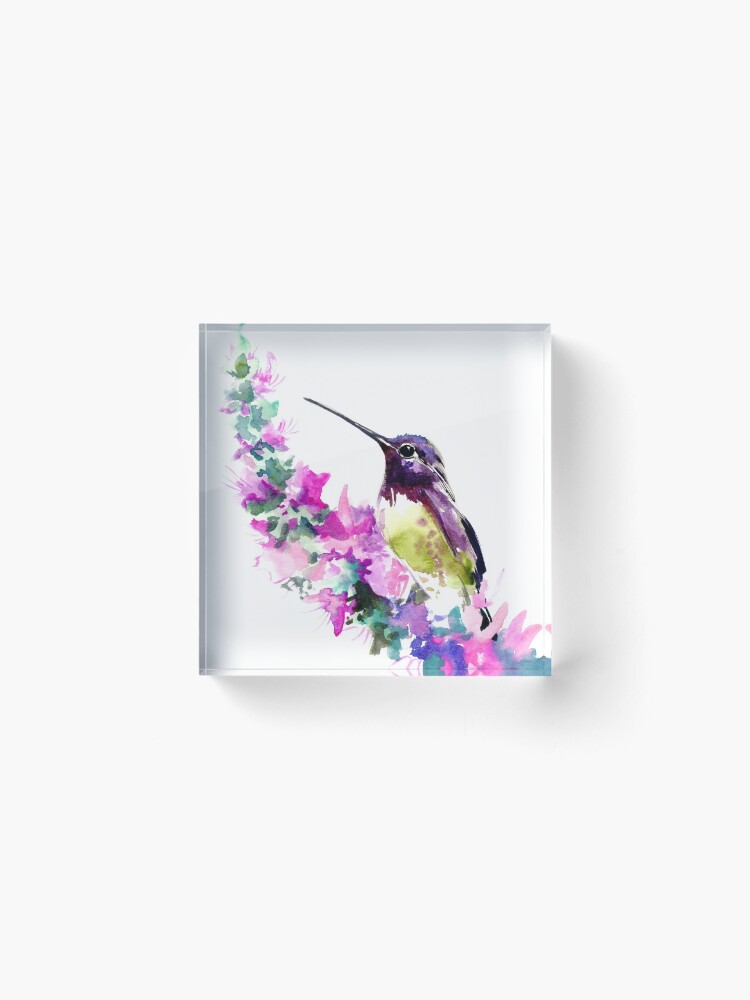 Alternate view of Hummingbird and Pink purple Flowers Acrylic Block