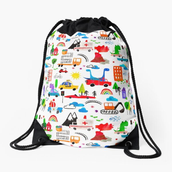 Dinosaur City Watercolor Transportation Pattern Drawstring Bag