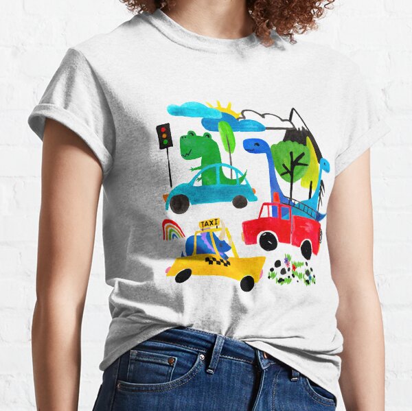 Dinosaur City Watercolor Transportation Pattern Classic T-Shirt