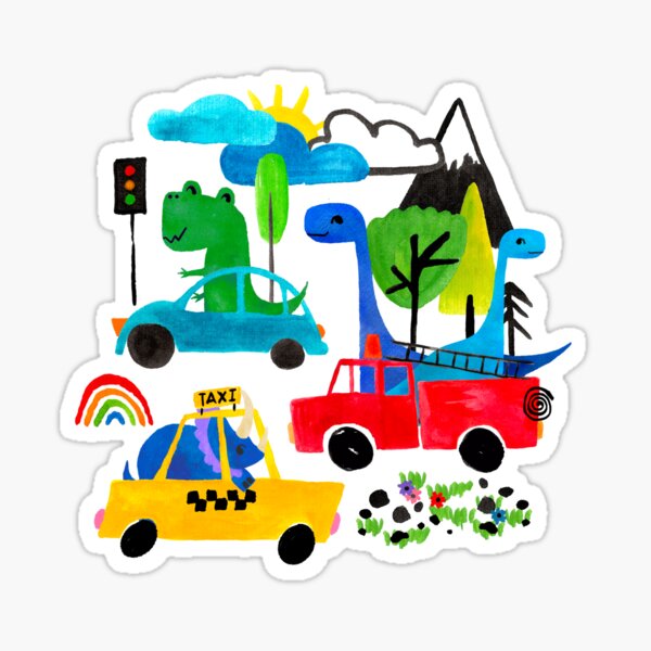 Dinosaur City Watercolor Transportation Pattern Sticker