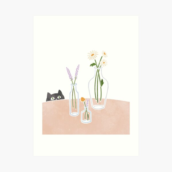 Flowers and a curious cat Art Print