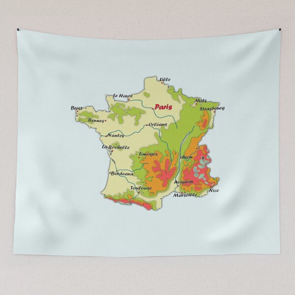 Item preview, carte de France avec relief, carte topographique de France avec les principales villes et principaux cours d'eau map of France with relief, topographic map of France with  major cities and main rivers designed and sold by mashmosh.