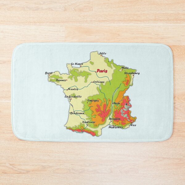 Item preview, carte de France avec relief, carte topographique de France avec les principales villes et principaux cours d'eau map of France with relief, topographic map of France with  major cities and main rivers designed and sold by mashmosh.