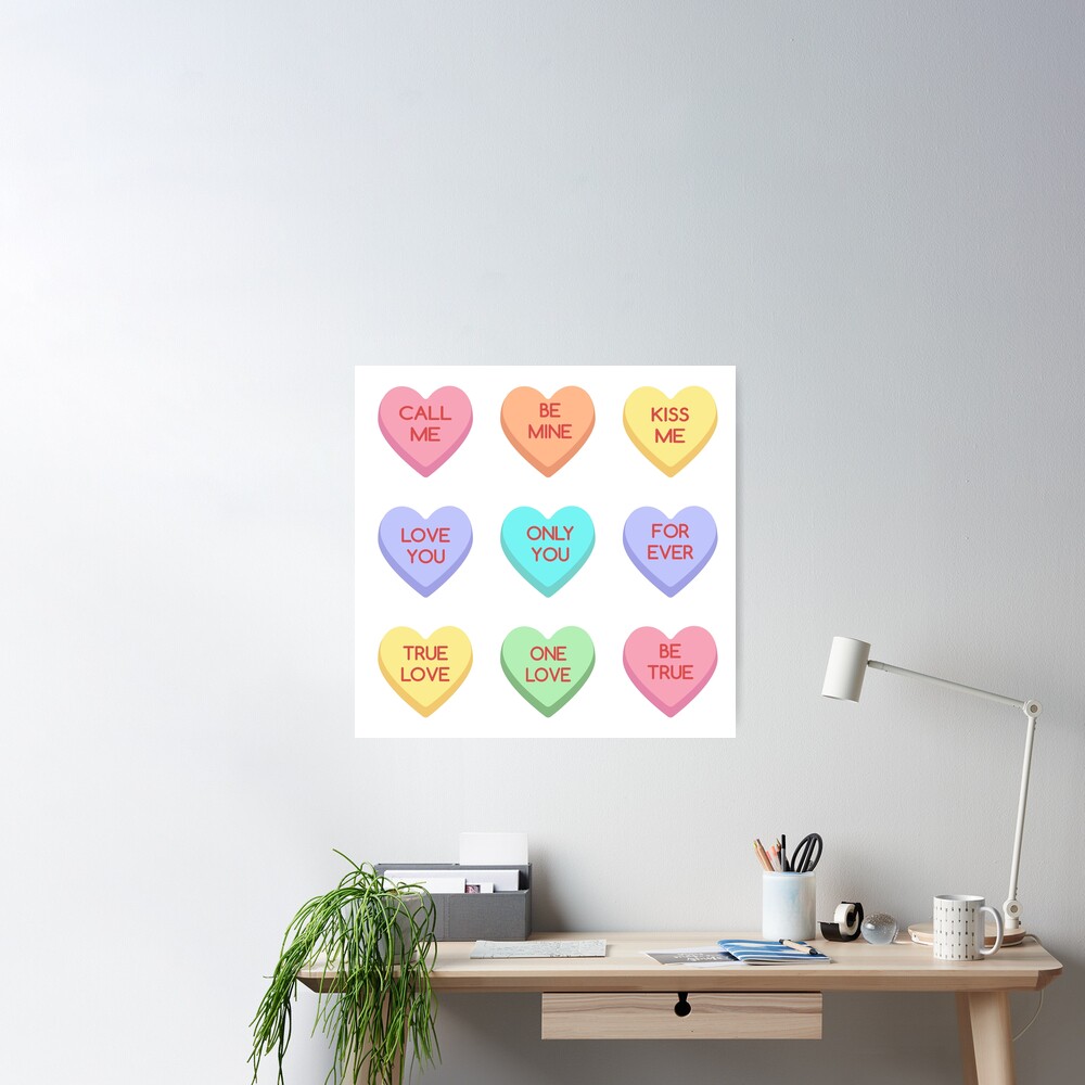 Candy Hearts Valentine Conversation Hearts Valentines Day Cute Heart Love  Pink Aesthetic Background | Poster