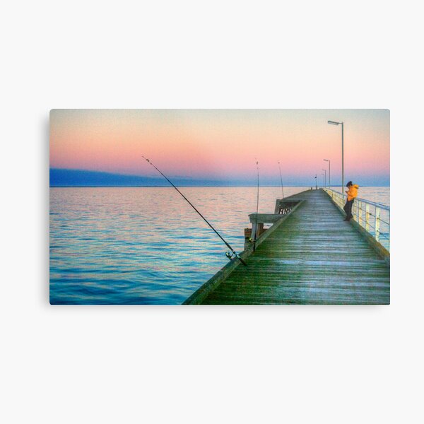 Fishing and texting on Beachport Jetty, Beachport Metal Print