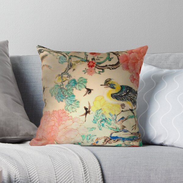 Birds and Peonies Throw Pillow