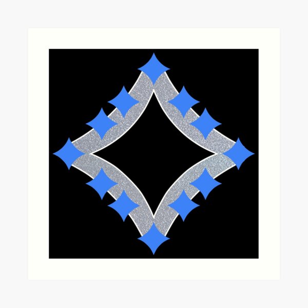 Dancing Blue 4-Point Stars Silver Black Face Art Print