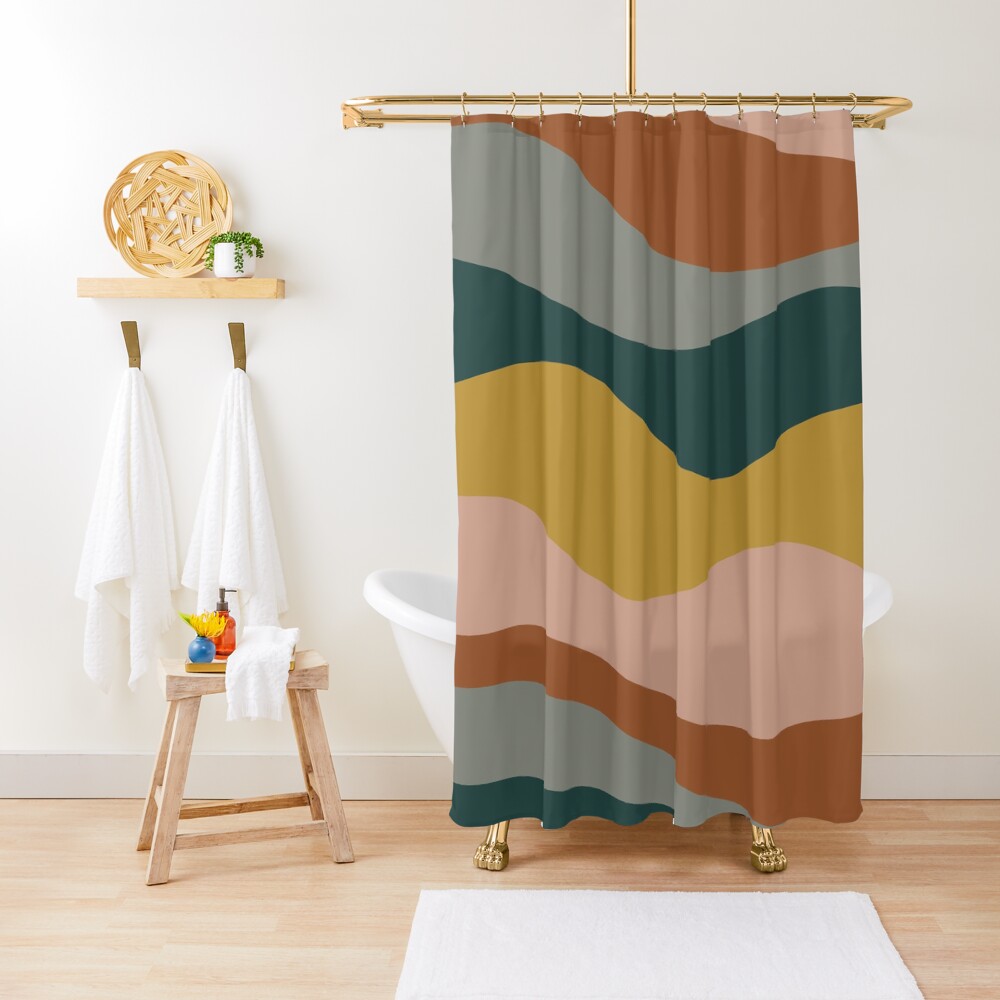 Retro Waves Minimalist Pattern Rust, Blush Pink, Gray, Navy Blue, and Mustard Gold Shower Curtain