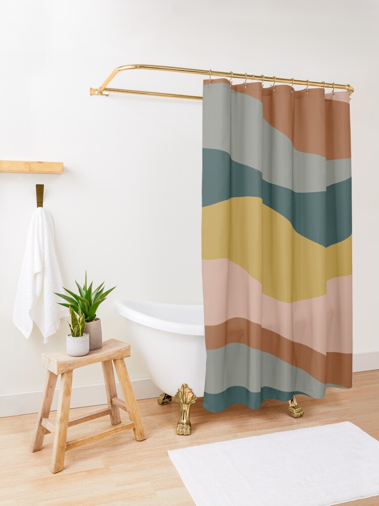 Thumbnail 3 of 5, Shower Curtain, Retro Waves Minimalist Pattern Rust, Blush Pink, Gray, Navy Blue, and Mustard Gold designed and sold by kierkegaard.