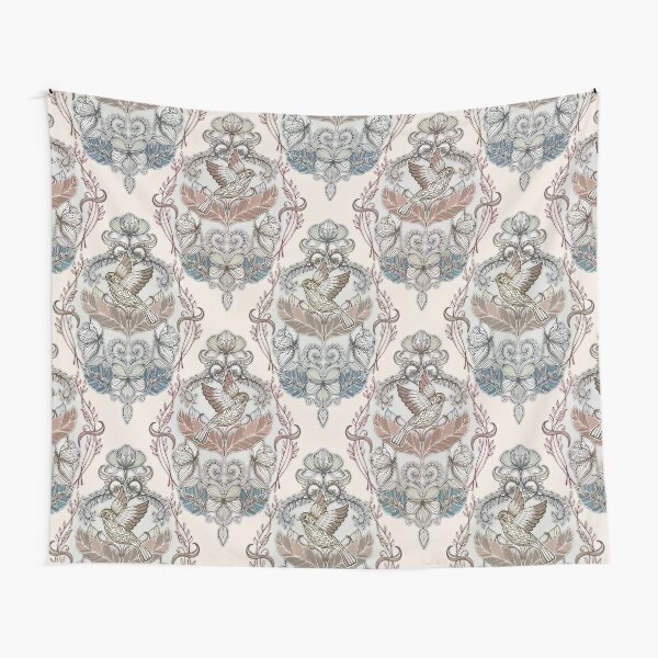 Disover Woodland Birds - hand drawn vintage illustration pattern in neutral colors Tapestry