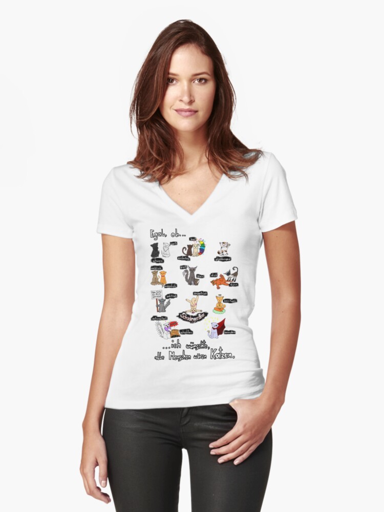 Thumbnail 1 von 3, Tailliertes T-Shirt mit V-Ausschnitt, Ich wünschte, alle Menschen wären Katzen! designt und verkauft von Boxcats.