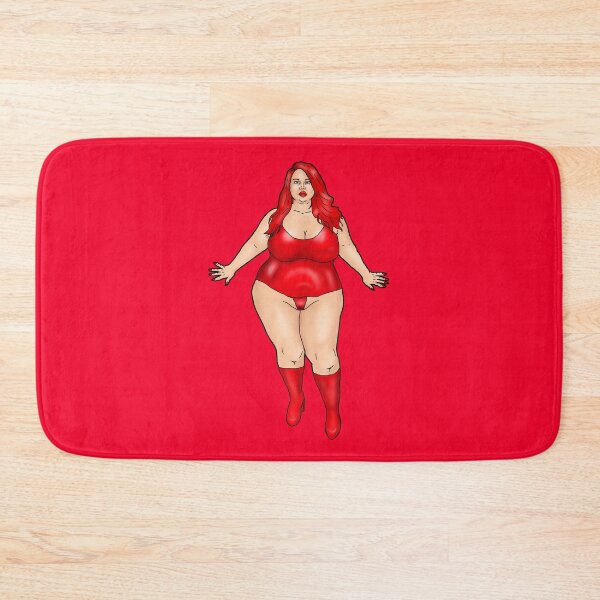 Aperçu de l'œuvre BBW en surpoids, femme rousse dans une tenue de latex rouge serré créée et vendue par PinUpsandPulp.