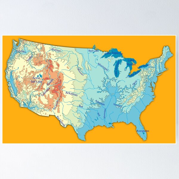Item preview, map of USA with relief topographic map of USA with Major Lakes and Rivers, Country Borders Lakes and Rivers names, Saffron color background designed and sold by mashmosh.