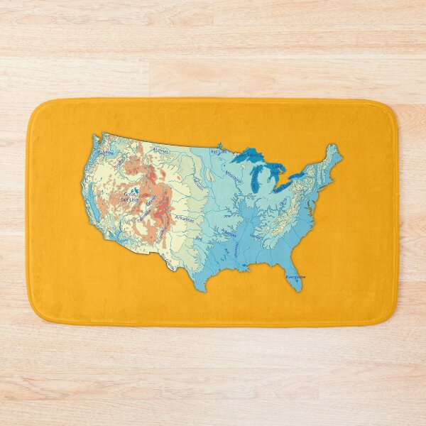 Item preview, map of USA with relief topographic map of USA with Major Lakes and Rivers, Country Borders Lakes and Rivers names, Saffron color background designed and sold by mashmosh.