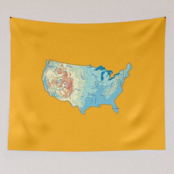Item preview, map of USA with relief topographic map of USA with Major Lakes and Rivers, Country Borders Lakes and Rivers names, Saffron color background designed and sold by mashmosh.
