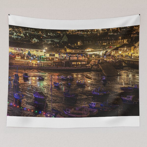 Item preview, Porthleven Cornwall lights and boats in harbour at Christmas designed and sold by kathleenjean.