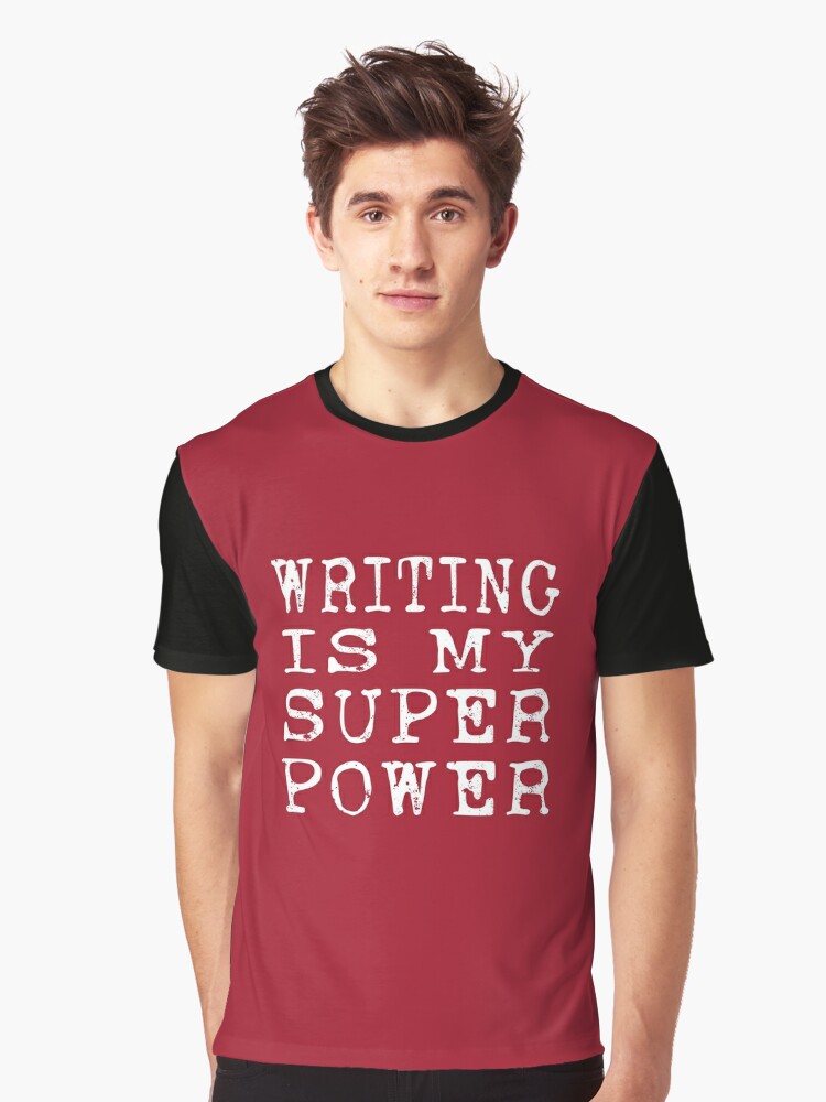 white graphic tee with red writing