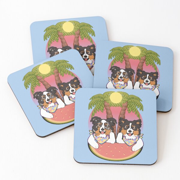 Item preview, mini Aussies on the beach during sunset / black tri blue Merle mini American Shepherd designed and sold by Ivy Fox Illustration.