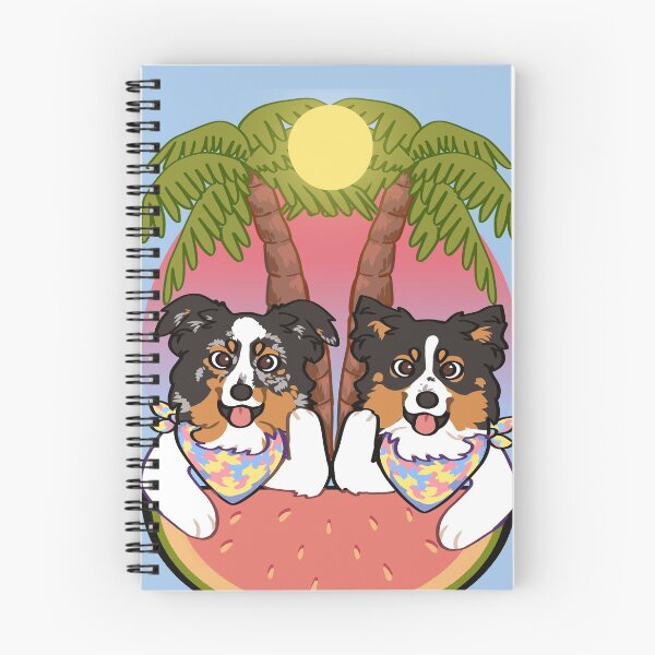Item preview, mini Aussies on the beach during sunset / black tri blue Merle mini American Shepherd designed and sold by Ivy Fox Illustration.