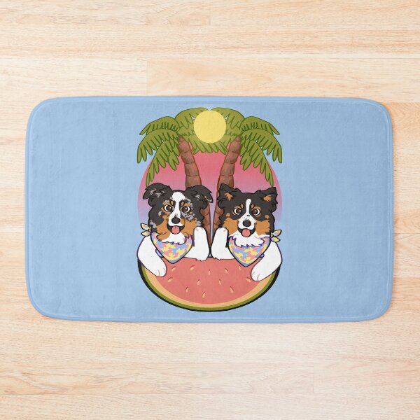Item preview, mini Aussies on the beach during sunset / black tri blue Merle mini American Shepherd designed and sold by Ivy Fox Illustration.