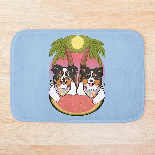 Artikelvorschau, Mini Aussies am Strand bei Sonnenuntergang / schwarz tri blau Merle Mini American Shepherd entworfen und verkauft von Ivy Fox Illustration.