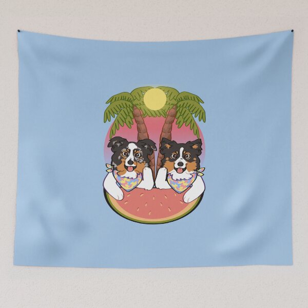 Item preview, mini Aussies on the beach during sunset / black tri blue Merle mini American Shepherd designed and sold by Ivy Fox Illustration.