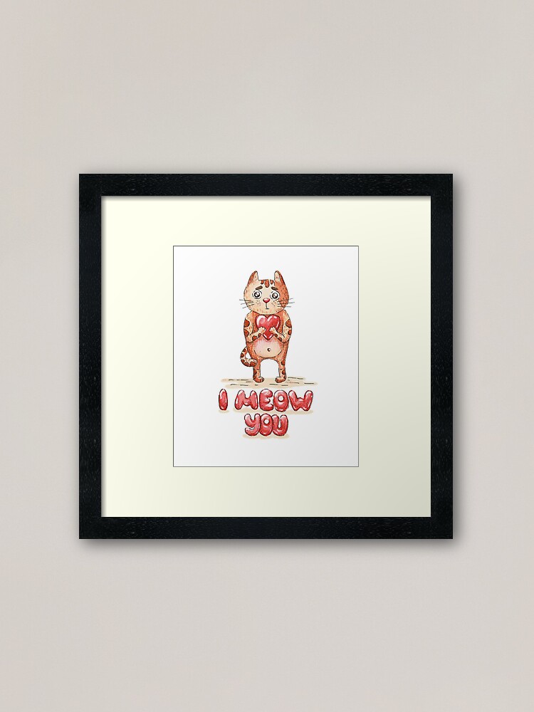 Alternate view of Hand drawn cute cat with heart - watercolor Valentine's Day illustration Framed Art Print