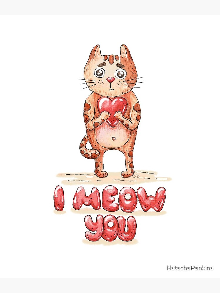 Hand drawn cute cat with heart - watercolor Valentine's Day illustration by NatashaPankina