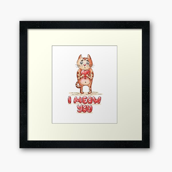 Hand drawn cute cat with heart - watercolor Valentine's Day illustration Framed Art Print