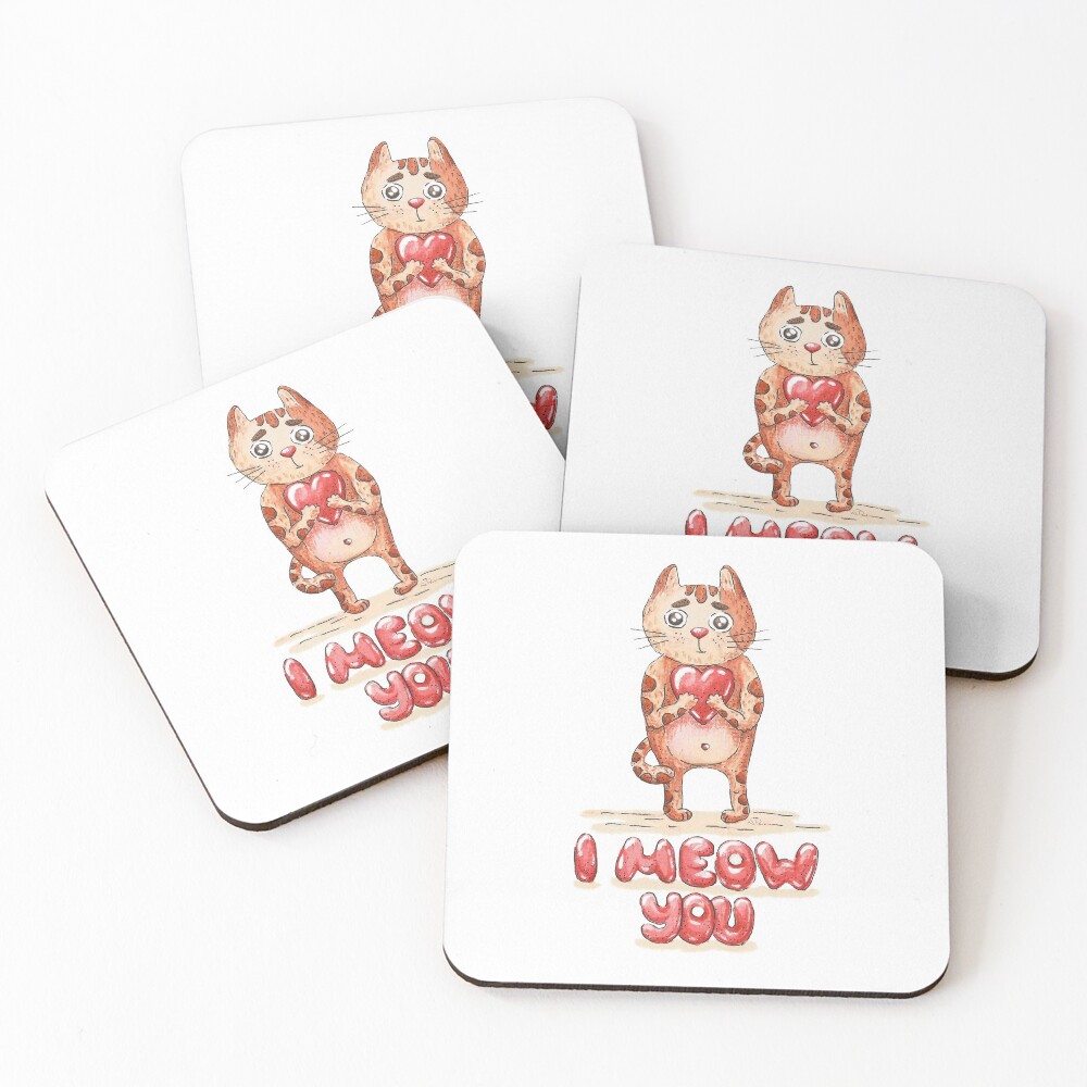 Hand drawn cute cat with heart - watercolor Valentine's Day illustration Coasters (Set of 4)