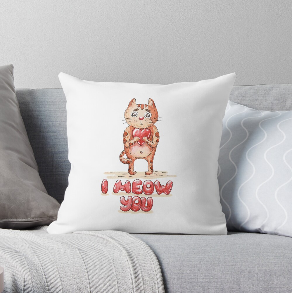 Hand drawn cute cat with heart - watercolor Valentine's Day illustration Throw Pillow