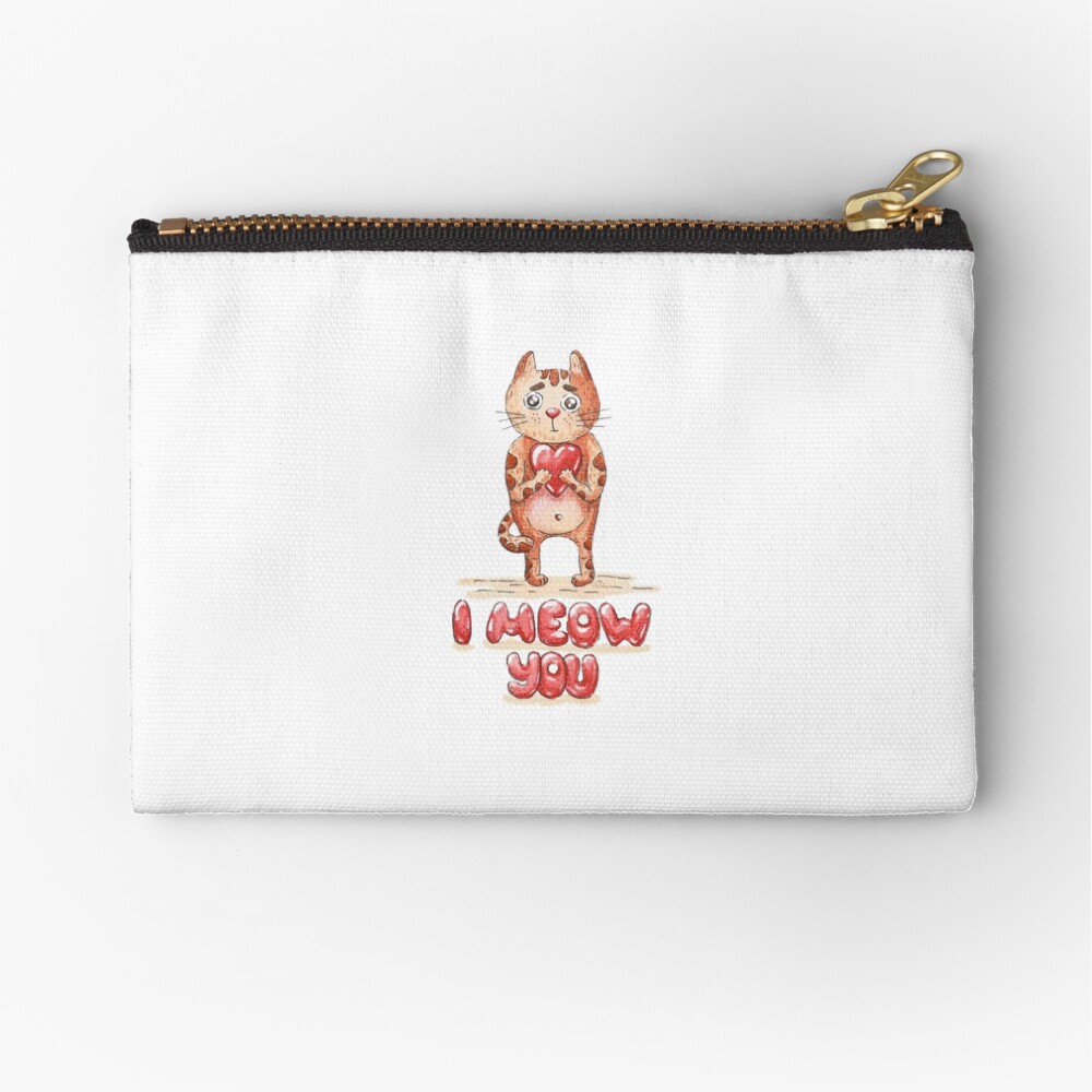 Hand drawn cute cat with heart - watercolor Valentine's Day illustration Zipper Pouch