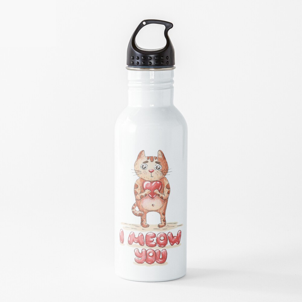 Hand drawn cute cat with heart - watercolor Valentine's Day illustration Water Bottle