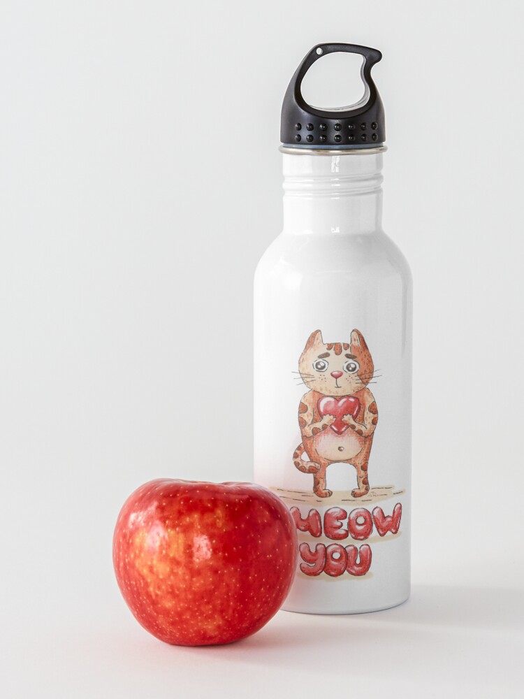 Alternate view of Hand drawn cute cat with heart - watercolor Valentine's Day illustration Water Bottle