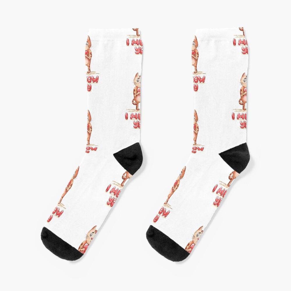 Hand drawn cute cat with heart - watercolor Valentine's Day illustration Socks