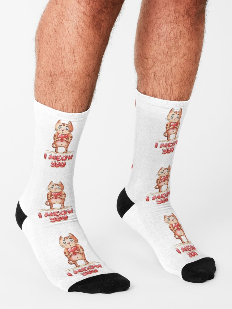 Alternate view of Hand drawn cute cat with heart - watercolor Valentine's Day illustration Socks