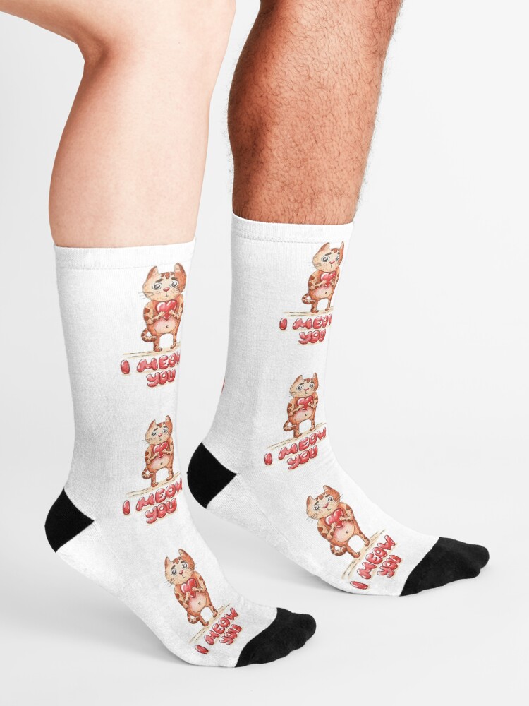 Alternate view of Hand drawn cute cat with heart - watercolor Valentine's Day illustration Socks