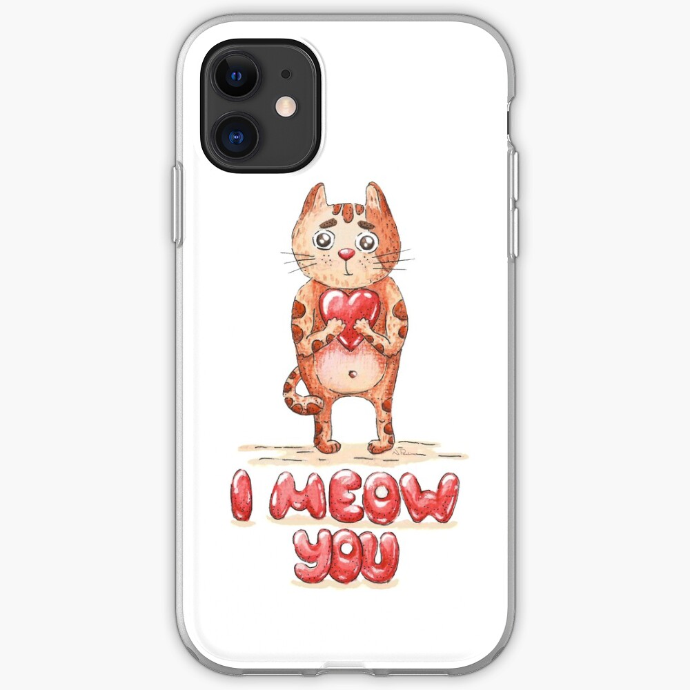 Hand drawn cute cat with heart - watercolor Valentine's Day illustration iPhone Case & Cover