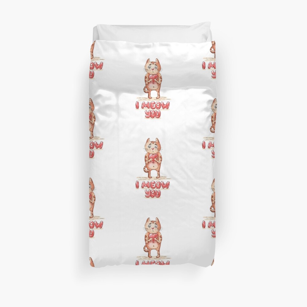 Hand drawn cute cat with heart - watercolor Valentine's Day illustration Duvet Cover