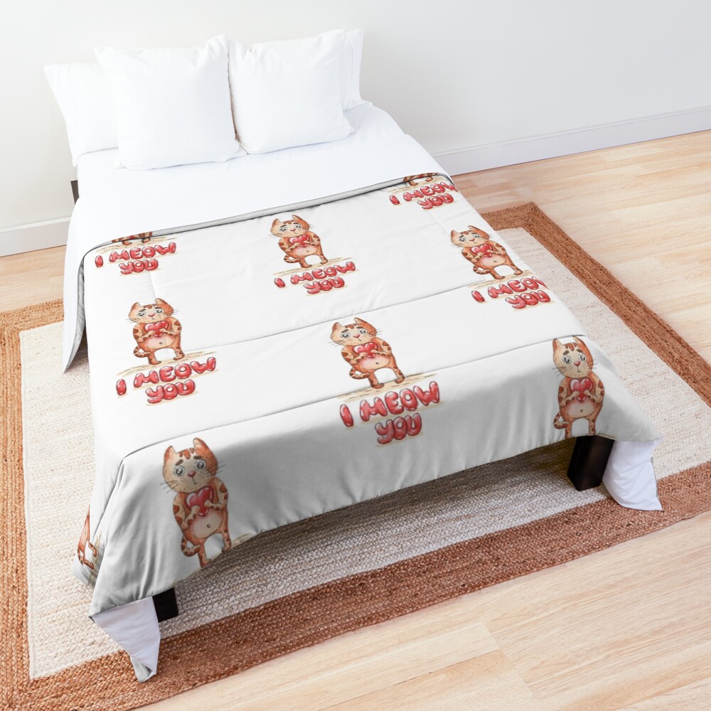 Hand drawn cute cat with heart - watercolor Valentine's Day illustration Comforter