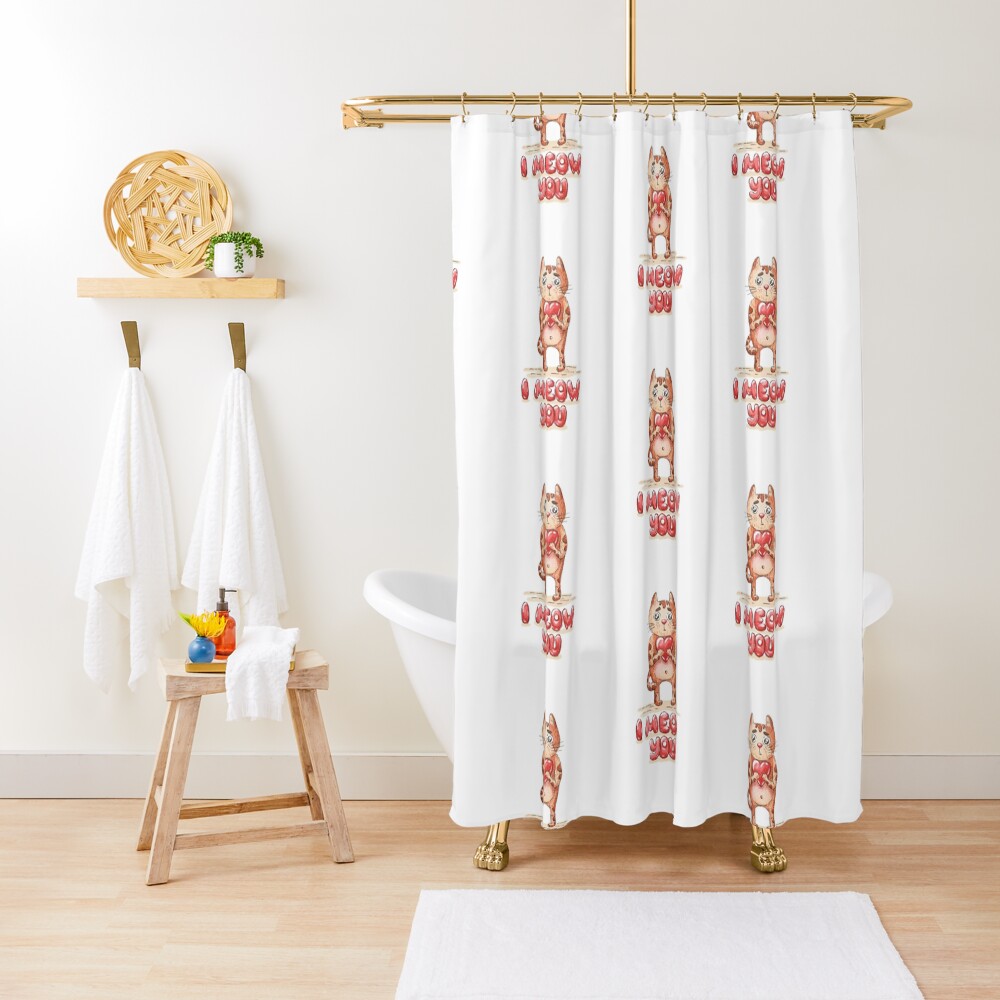 Hand drawn cute cat with heart - watercolor Valentine's Day illustration Shower Curtain