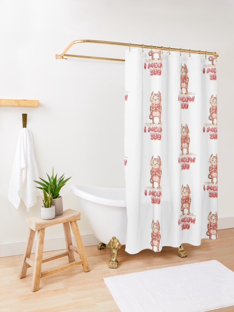 Alternate view of Hand drawn cute cat with heart - watercolor Valentine's Day illustration Shower Curtain