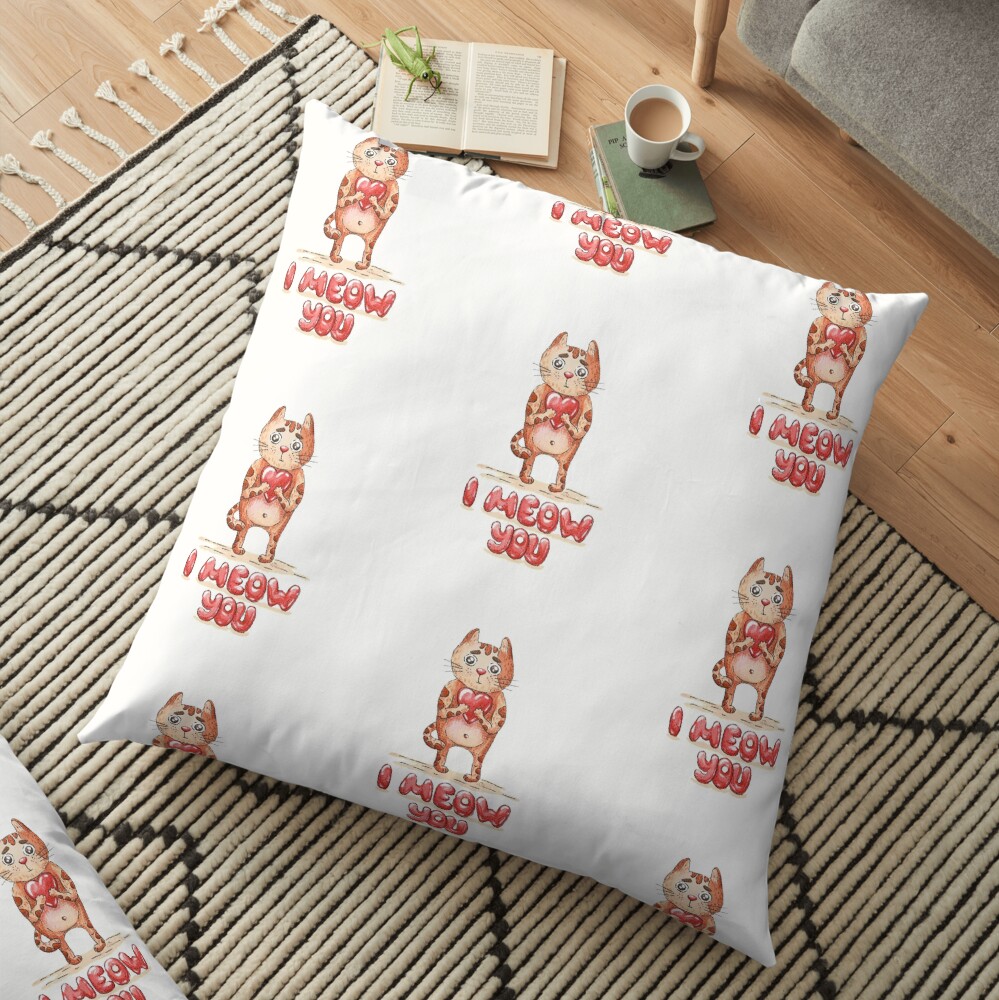 Hand drawn cute cat with heart - watercolor Valentine's Day illustration Floor Pillow
